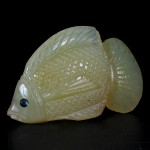 KG-017 Hand carved Fire Opal in Fat Fish Shape Gem Statue with 2 Genuine Blue Sapphires Inlaid in The Eyes